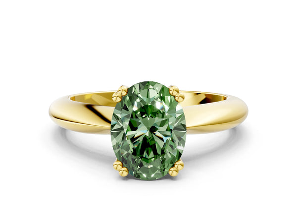 Yellow gold Fancy Green Oval  Cut Solitaire Engagement Ring with Tapered Band and Four-Prong Setting