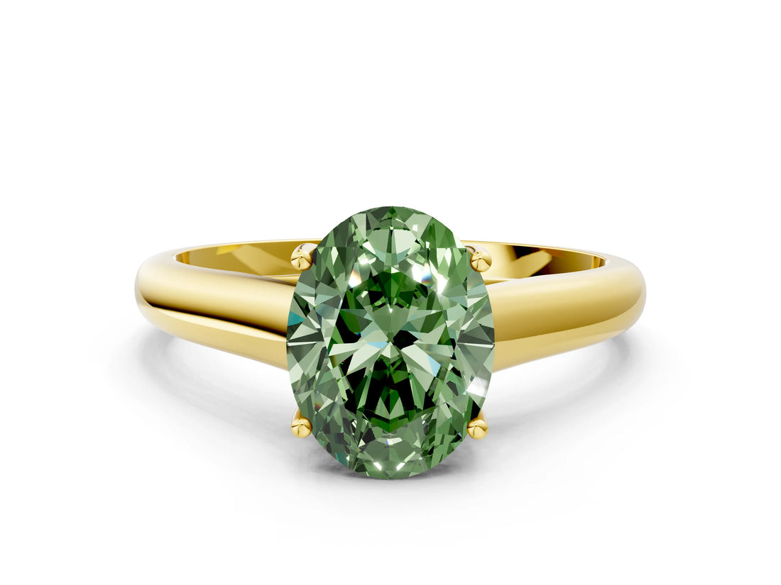 Yellow gold Fancy Green Oval Cut Solitaire Engagement Ring with Tapered Band and Four-Prong Setting_3