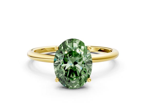 Yellow gold Fancy Green Oval  Cut Solitaire Engagement Ring with Thin Band and Four-Prong Setting