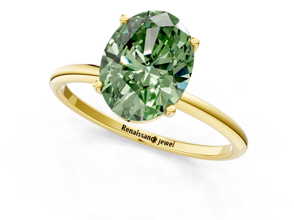 Yellow gold Fancy Green Oval  Cut Solitaire Engagement Ring with Thin Band and Four-Prong Setting