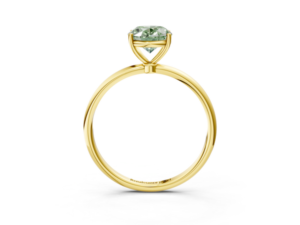 Yellow gold Fancy Green Oval  Cut Solitaire Engagement Ring with Thin Band and Four-Prong Setting