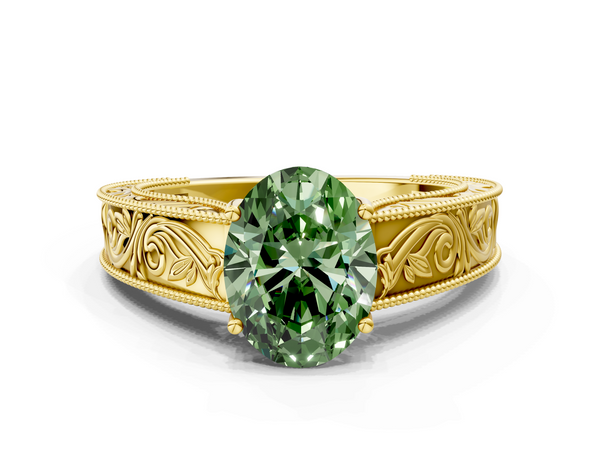Yellow gold Fancy Green Oval Cut Diamond Solitaire Ring with Engraved Band and Four-Prong Setting