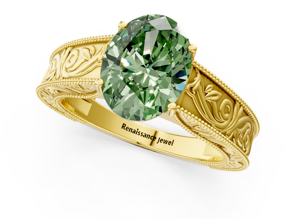 Yellow gold Fancy Green Oval Cut Diamond Solitaire Ring with Engraved Band and Four-Prong Setting