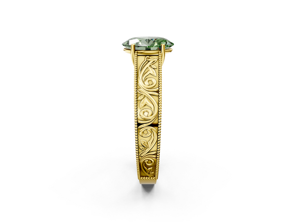 Yellow gold Fancy Green Oval Cut Diamond Solitaire Ring with Engraved Band and Four-Prong Setting