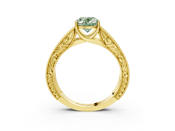 Yellow gold Fancy Green Oval Cut Diamond Solitaire Ring with Engraved Band and Four-Prong Setting