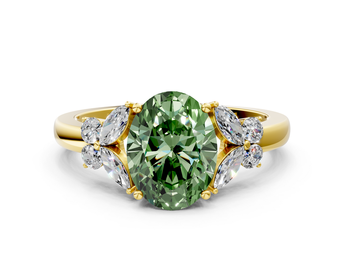 Yellow gold Fancy Green Oval  Cut Solitaire Floral Diamond Ring with Four-Prong Setting_37
