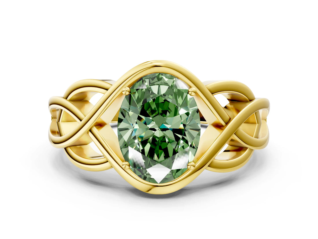 Yellow gold Fancy Green Oval Cut Solitaire Intertwined Band Prong Setting Ring