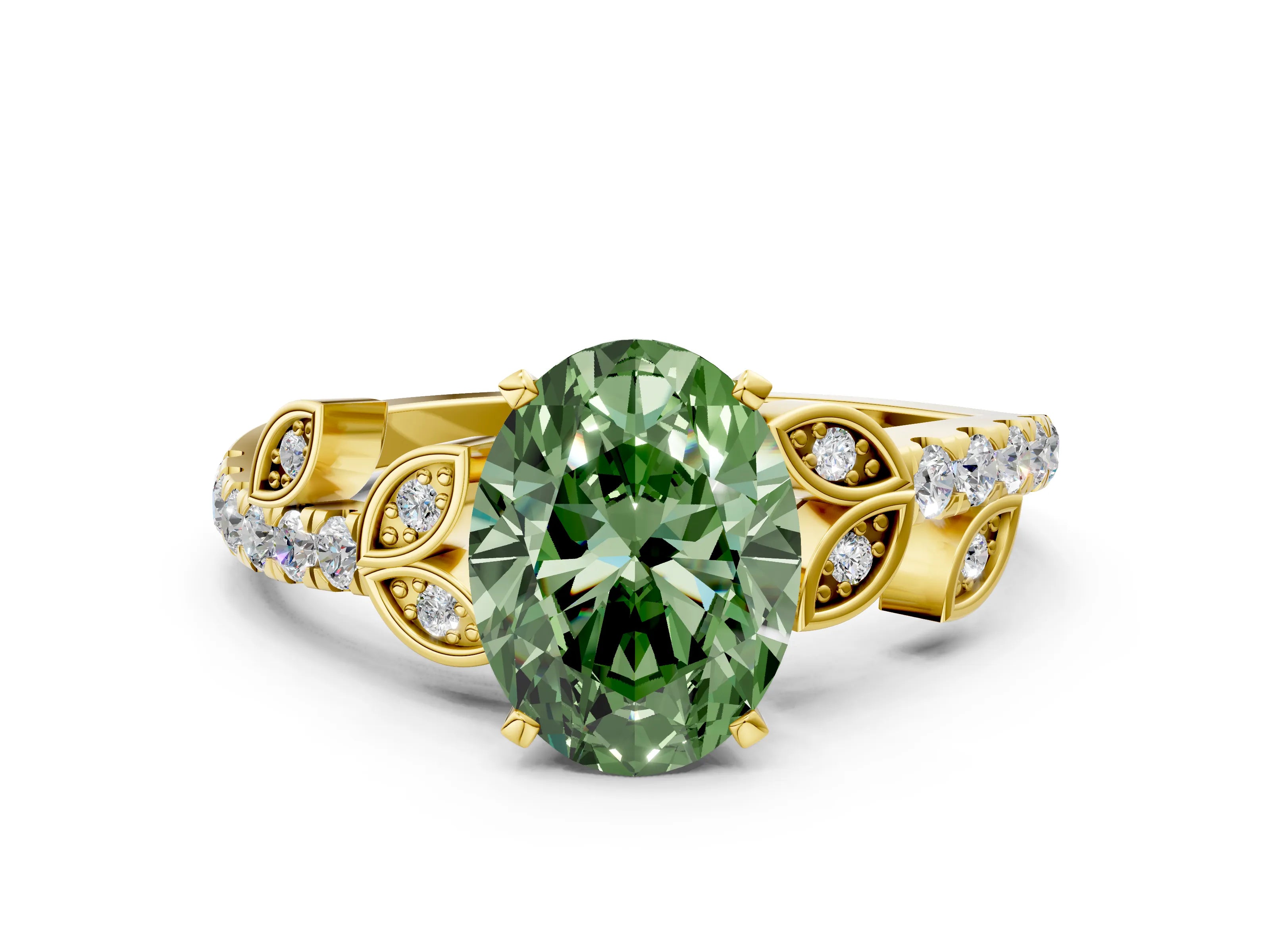 Yellow gold Fancy Green Oval Cut Solitaire Leaf-Inspired Diamond Ring with Pavé Band and Four-Prong Setting