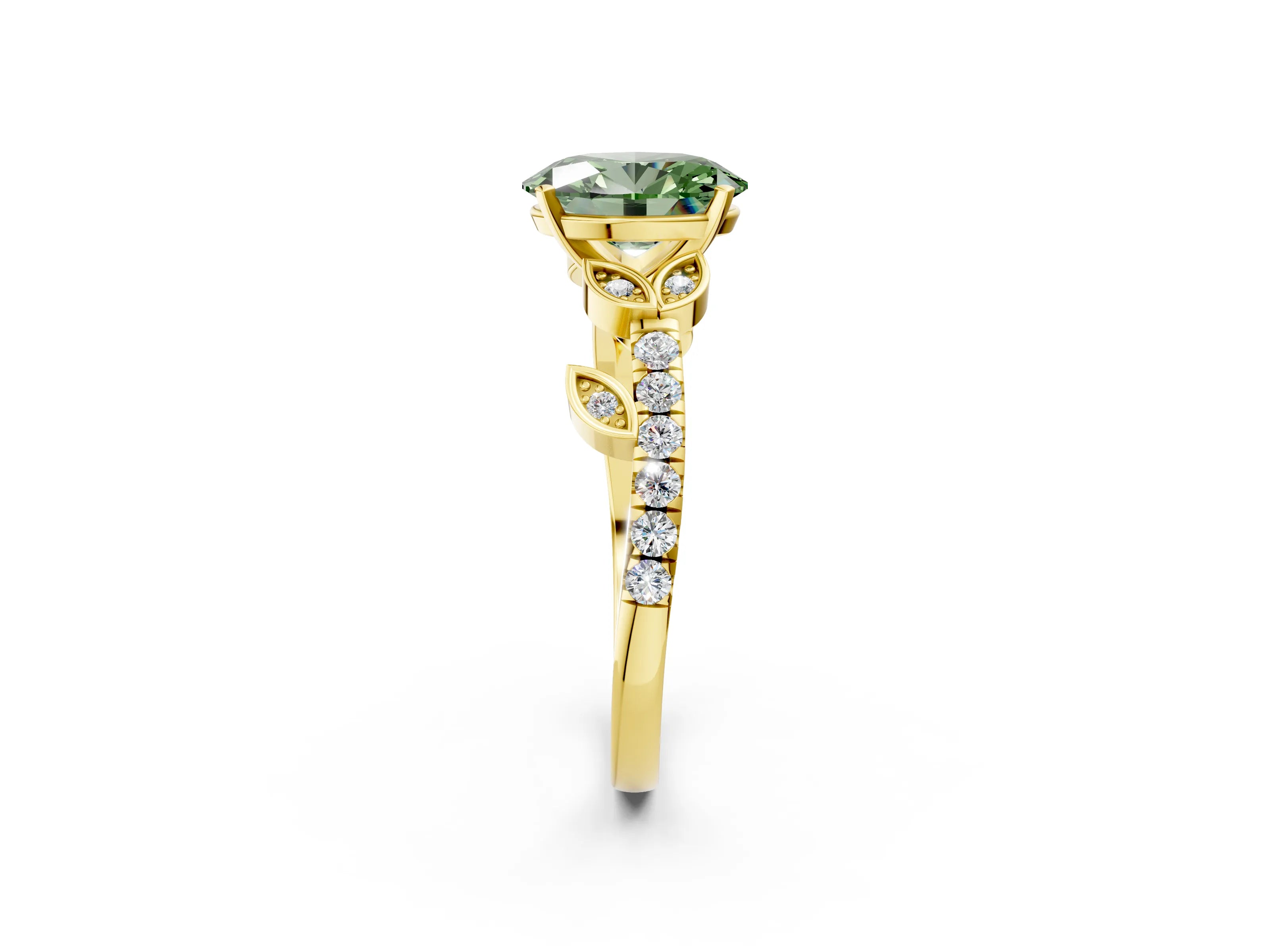 Yellow gold Fancy Green Oval Cut Solitaire Leaf-Inspired Diamond Ring with Pavé Band and Four-Prong Setting_2