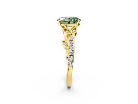 Yellow gold Fancy Green Oval Cut Solitaire Leaf-Inspired Diamond Ring with Pavé Band and Four-Prong Setting_2