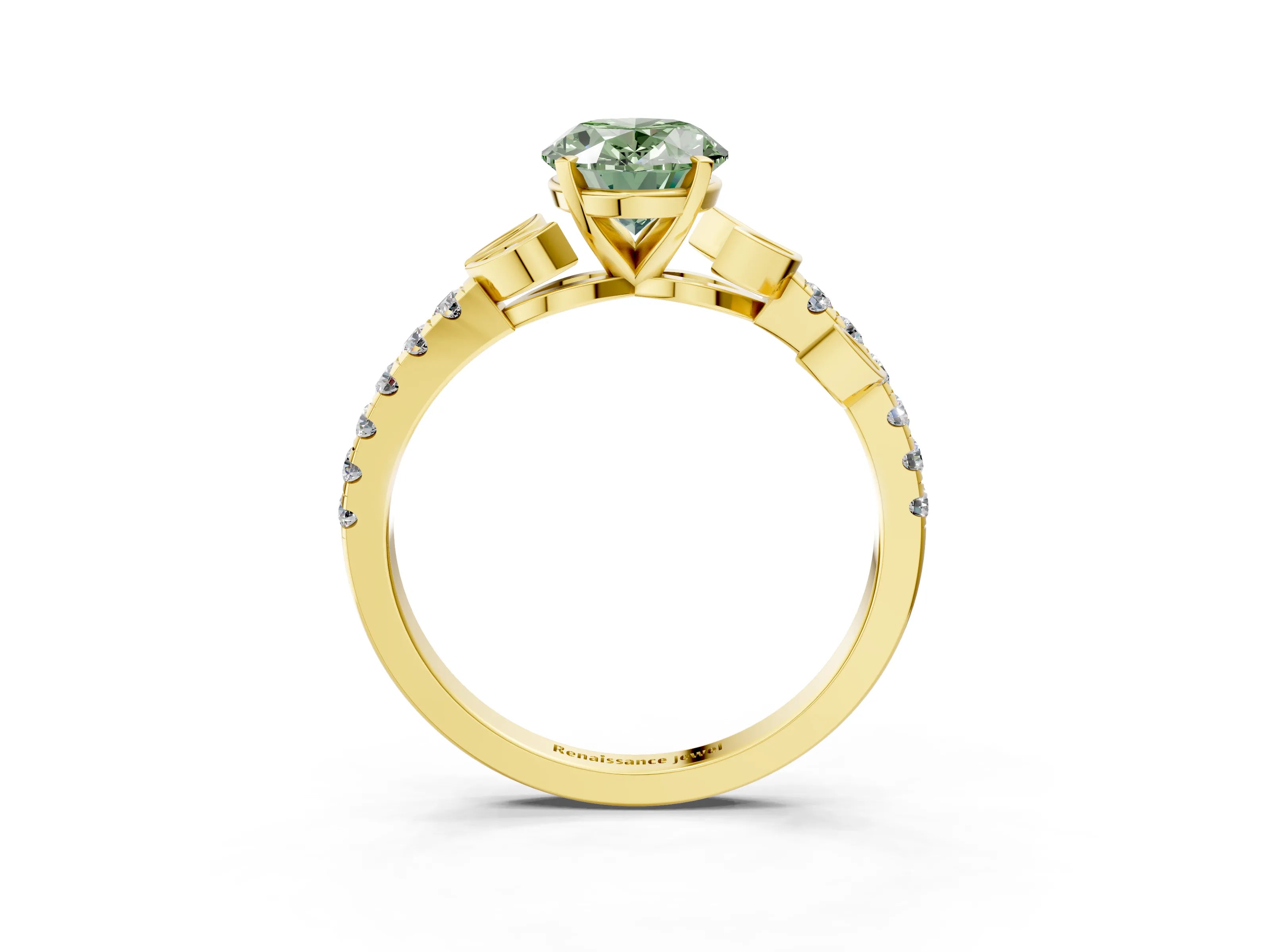 Yellow gold Fancy Green Oval Cut Solitaire Leaf-Inspired Diamond Ring with Pavé Band and Four-Prong Setting_3