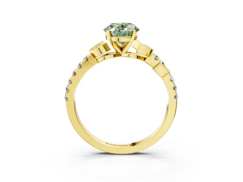 Yellow gold Fancy Green Oval Cut Solitaire Leaf-Inspired Diamond Ring with Pavé Band and Four-Prong Setting_3
