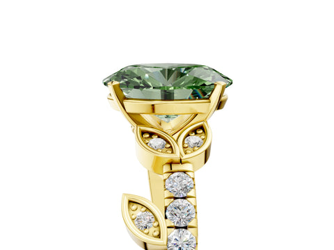 Yellow gold Fancy Green Oval Cut Solitaire Leaf-Inspired Diamond Ring with Pavé Band and Four-Prong Setting_5