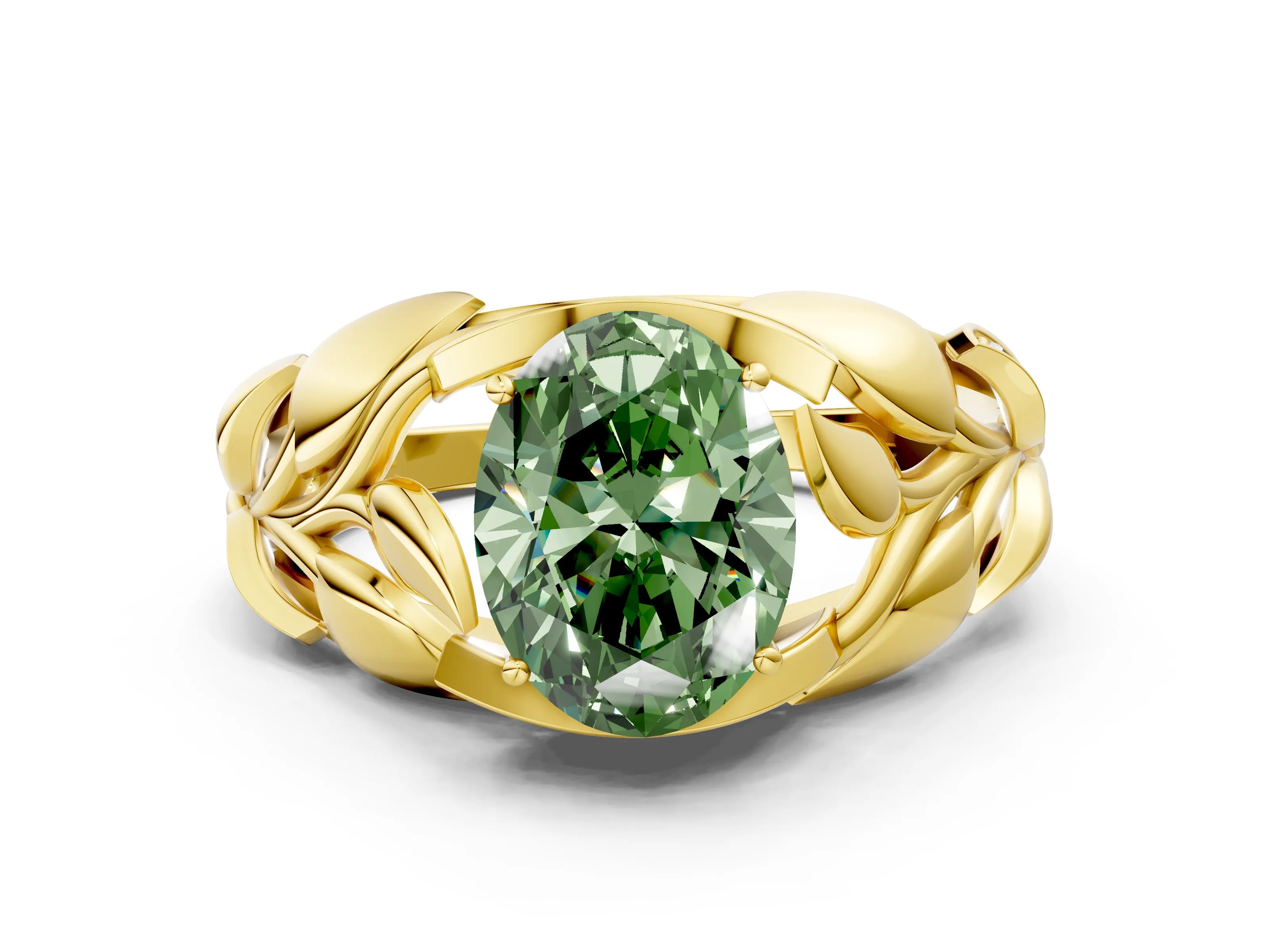 Yellow gold Fancy Green Oval Cut Solitaire Leaf-Inspired Engagement Ring with Prong Setting