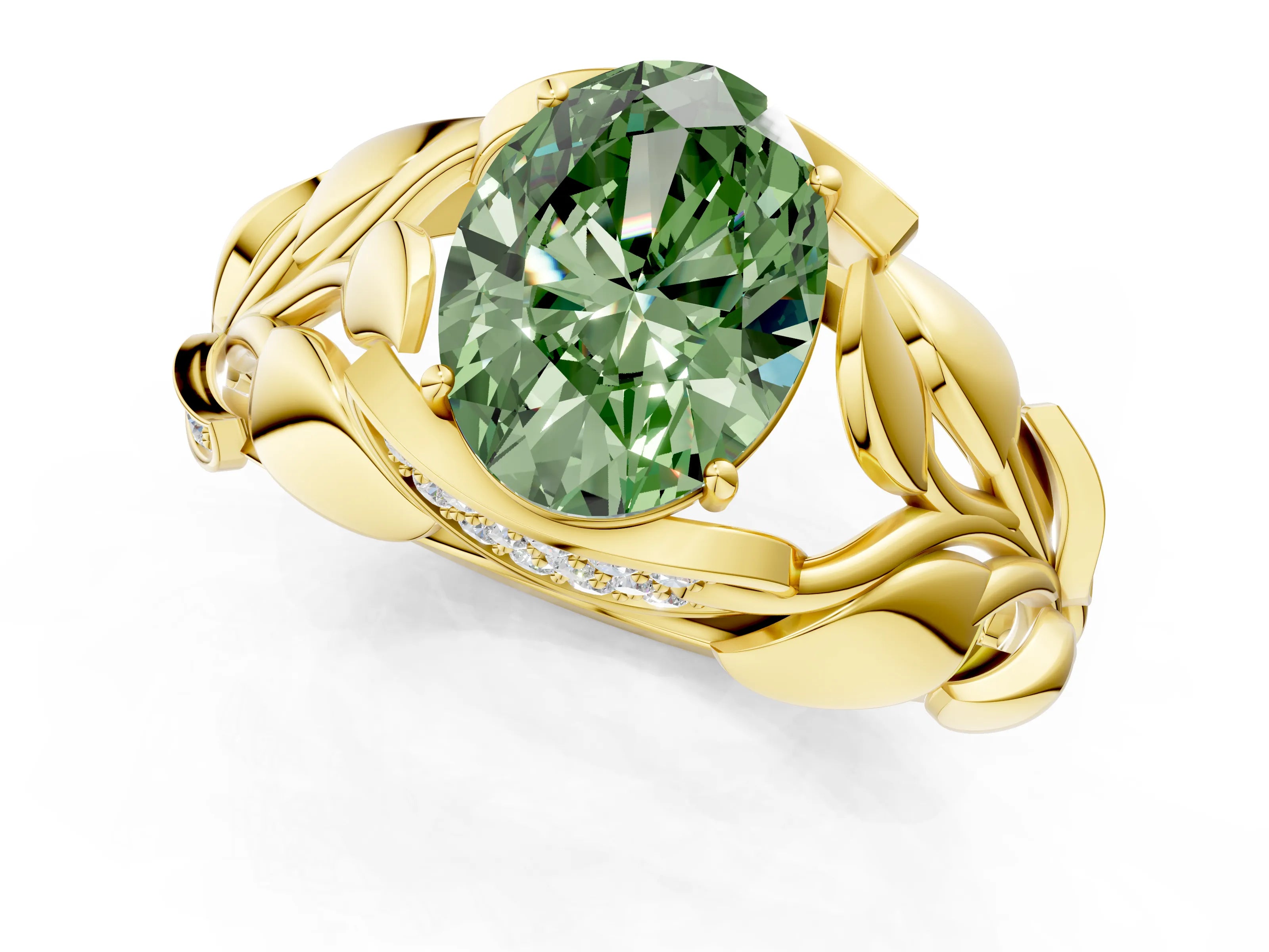 Yellow gold Fancy Green Oval Cut Solitaire Leaf-Inspired Engagement Ring with Prong Setting_1