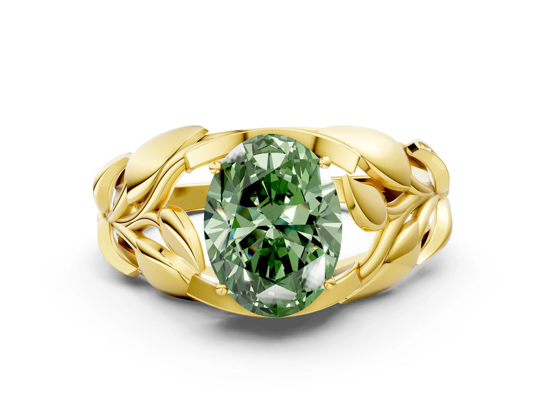 Yellow gold Fancy Green Oval Cut Solitaire Leaf-Inspired Engagement Ring with Prong Setting_12