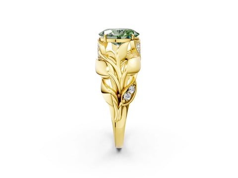 Yellow gold Fancy Green Oval Cut Solitaire Leaf-Inspired Engagement Ring with Prong Setting_2