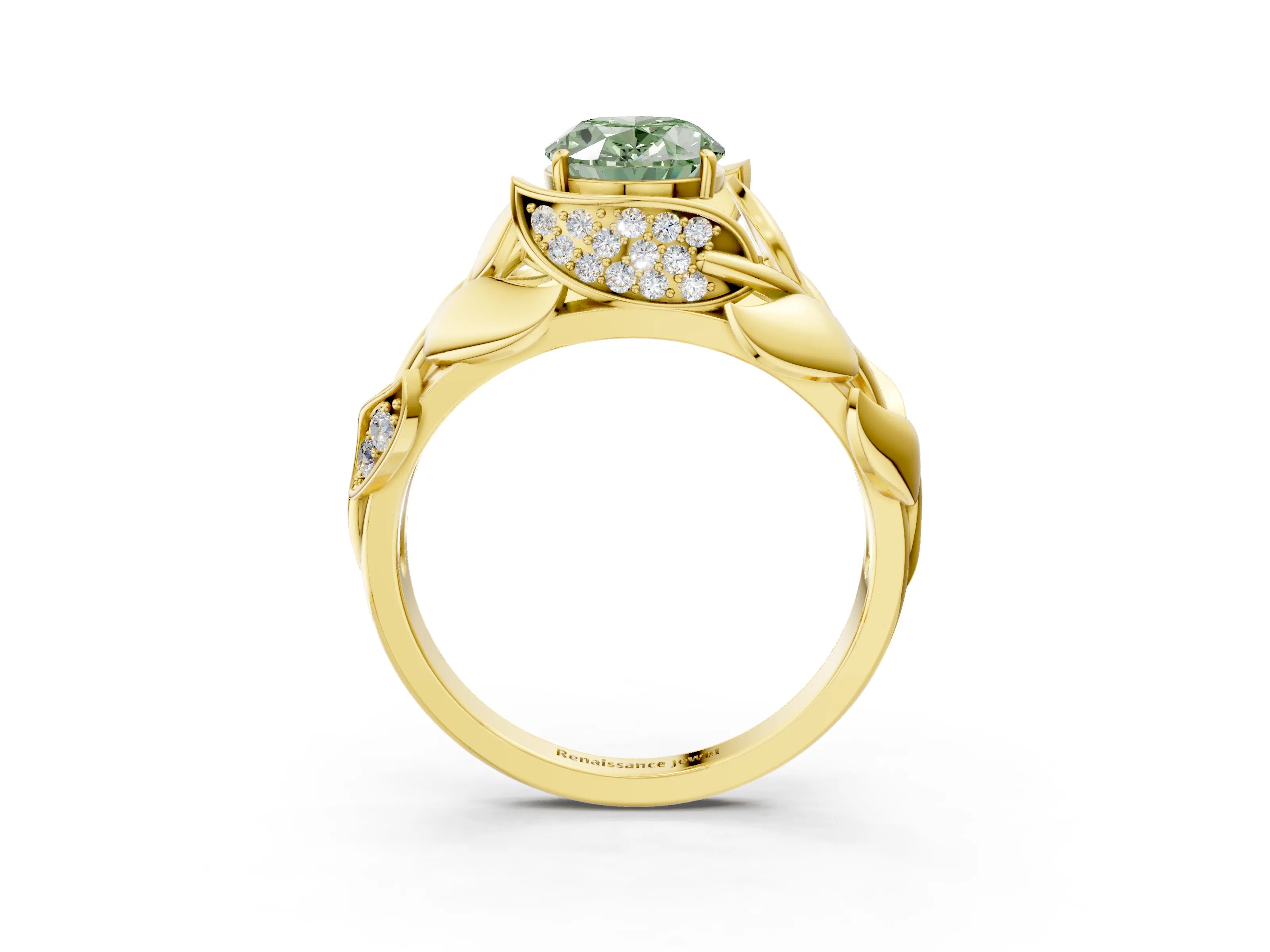 Yellow gold Fancy Green Oval Cut Solitaire Leaf-Inspired Engagement Ring with Prong Setting_3