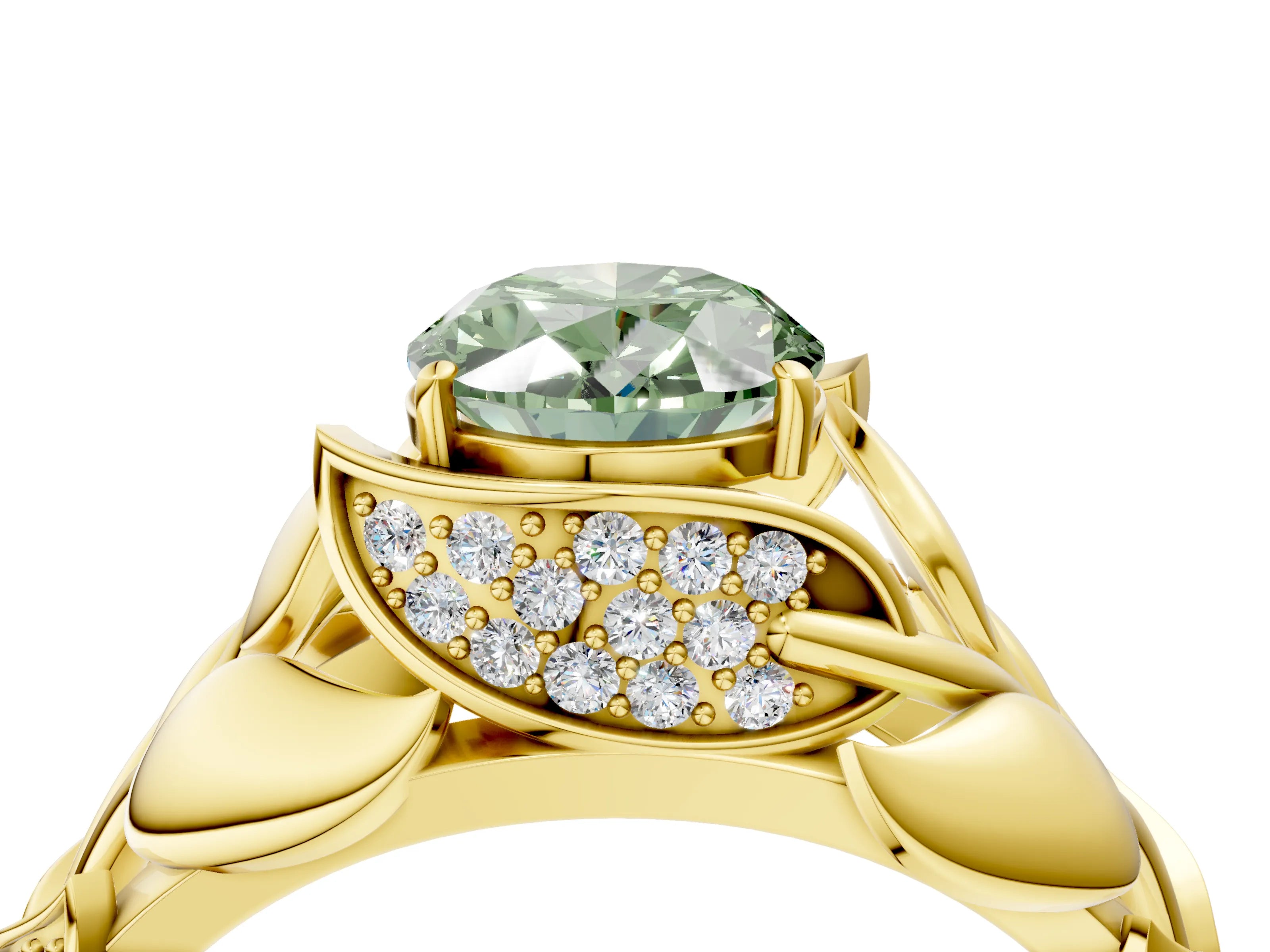 Yellow gold Fancy Green Oval Cut Solitaire Leaf-Inspired Engagement Ring with Prong Setting_4