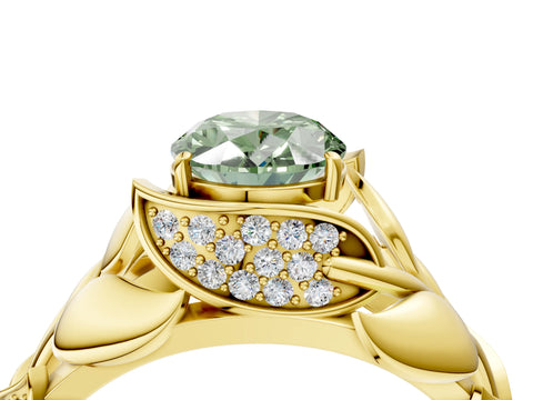 Yellow gold Fancy Green Oval Cut Solitaire Leaf-Inspired Engagement Ring with Prong Setting_4