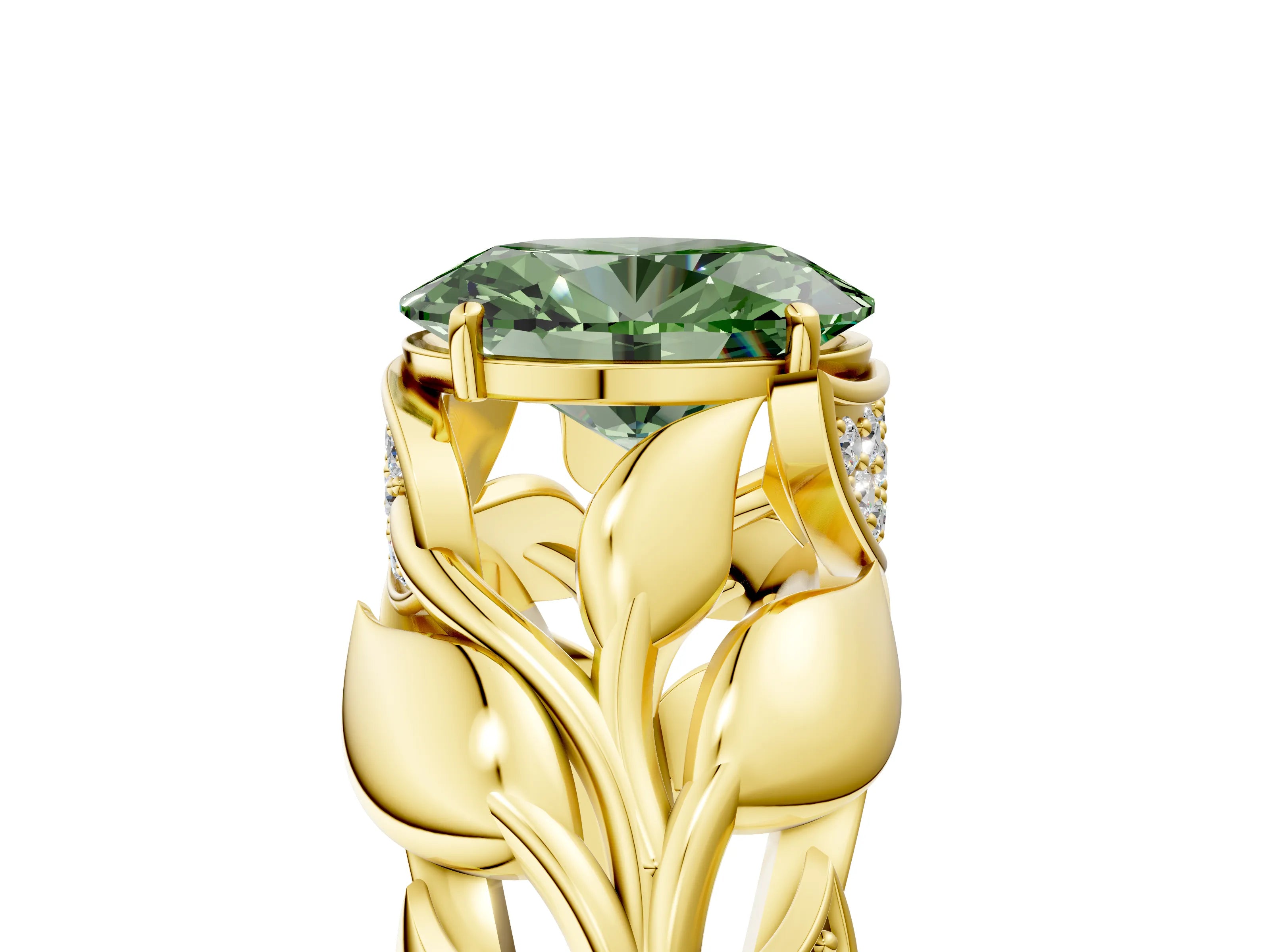 Yellow gold Fancy Green Oval Cut Solitaire Leaf-Inspired Engagement Ring with Prong Setting_5