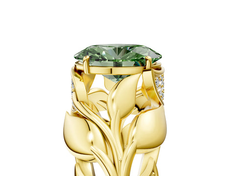 Yellow gold Fancy Green Oval Cut Solitaire Leaf-Inspired Engagement Ring with Prong Setting_5