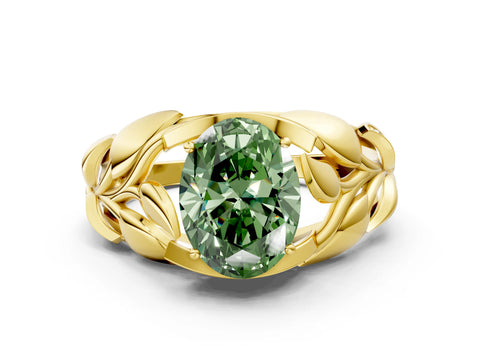 Yellow gold Fancy Green Oval Cut Solitaire Leaf-Inspired Engagement Ring with Prong Setting
