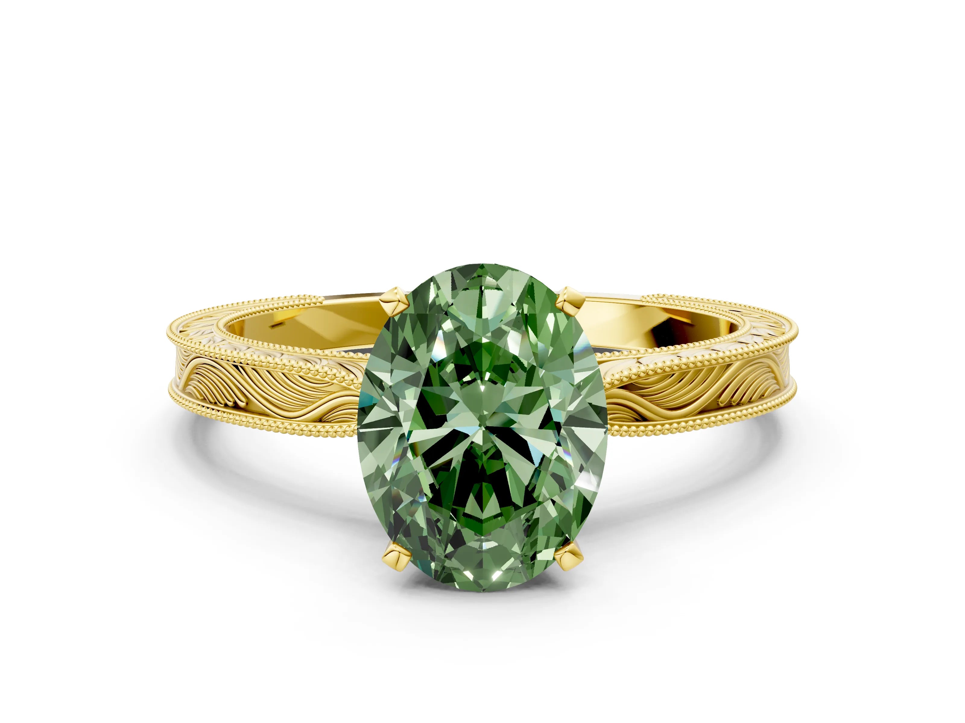 Yellow gold Fancy Green Oval Cut Solitaire Milgrain Engraved Band with Four-Prong Setting