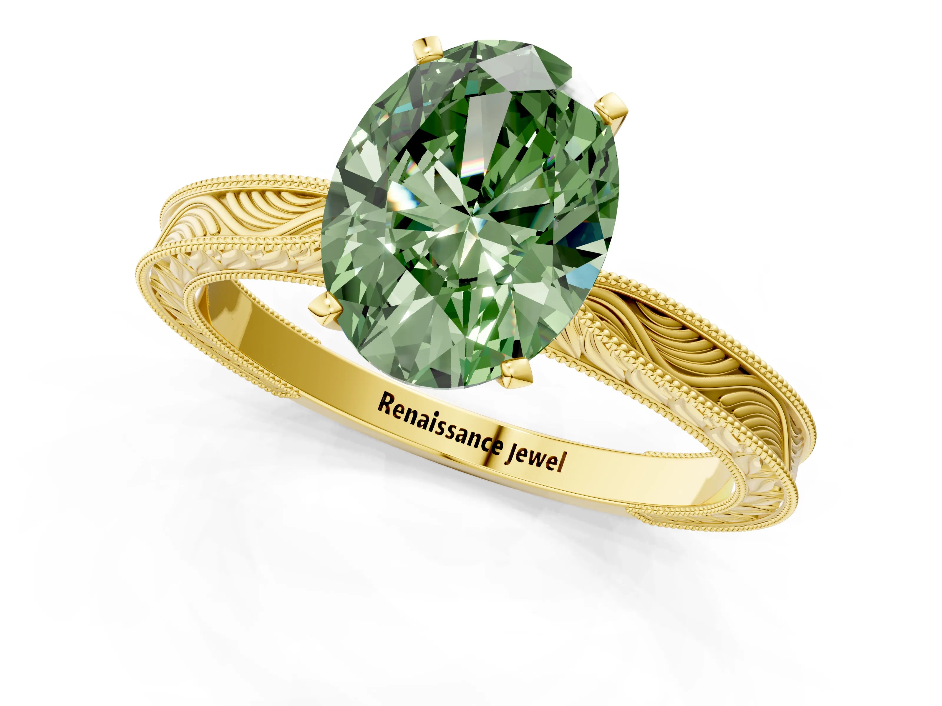 Yellow gold Fancy Green Oval Cut Solitaire Milgrain Engraved Band with Four-Prong Setting_1