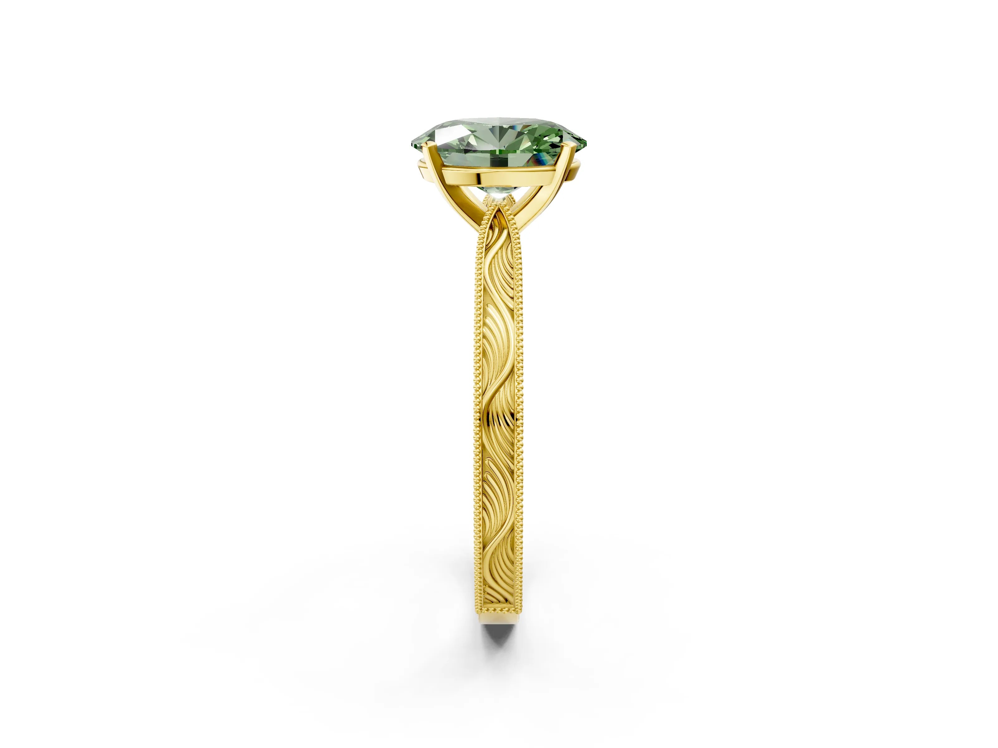 Yellow gold Fancy Green Oval Cut Solitaire Milgrain Engraved Band with Four-Prong Setting_2