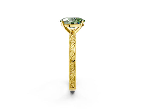 Yellow gold Fancy Green Oval Cut Solitaire Milgrain Engraved Band with Four-Prong Setting_2