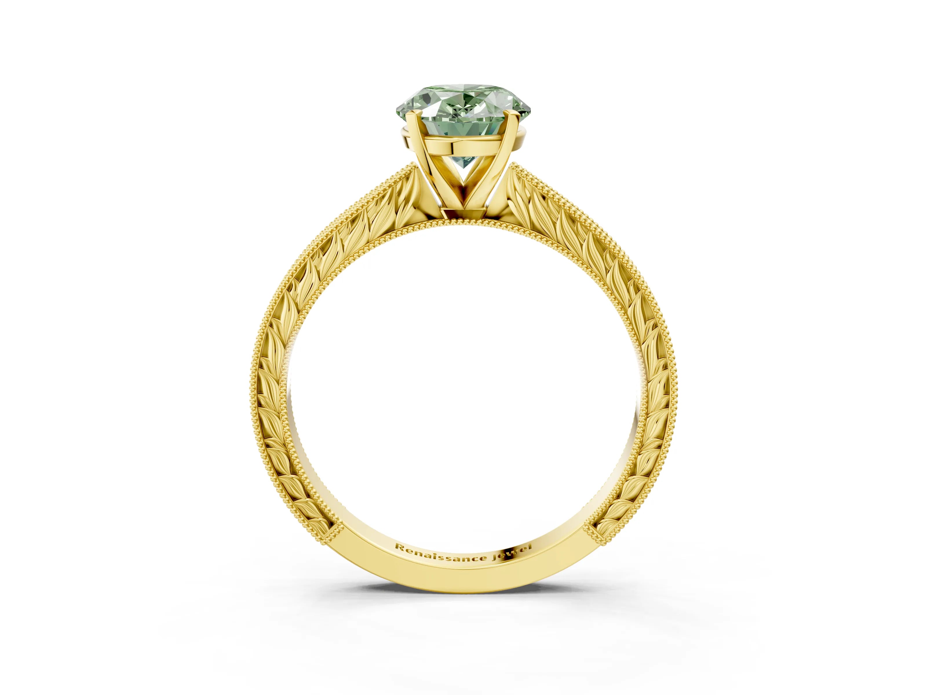 Yellow gold Fancy Green Oval Cut Solitaire Milgrain Engraved Band with Four-Prong Setting_3