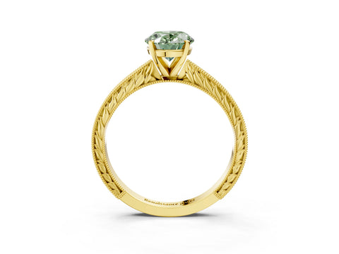 Yellow gold Fancy Green Oval Cut Solitaire Milgrain Engraved Band with Four-Prong Setting_3