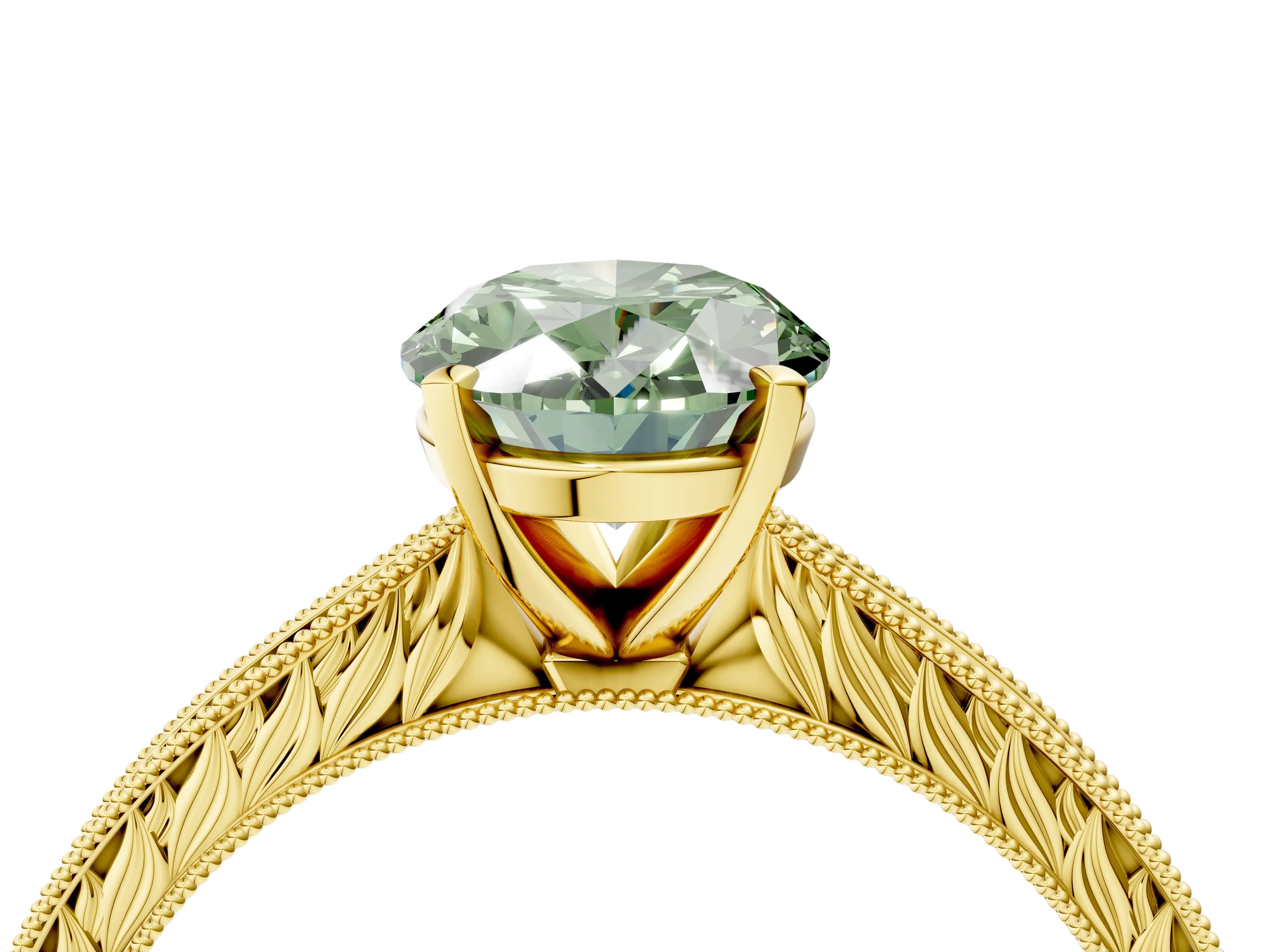 Yellow gold Fancy Green Oval Cut Solitaire Milgrain Engraved Band with Four-Prong Setting_4