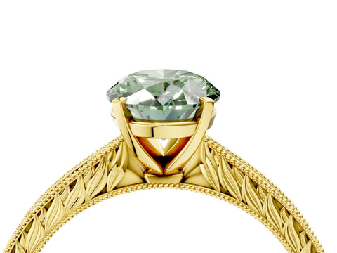 Yellow gold Fancy Green Oval Cut Solitaire Milgrain Engraved Band with Four-Prong Setting_4