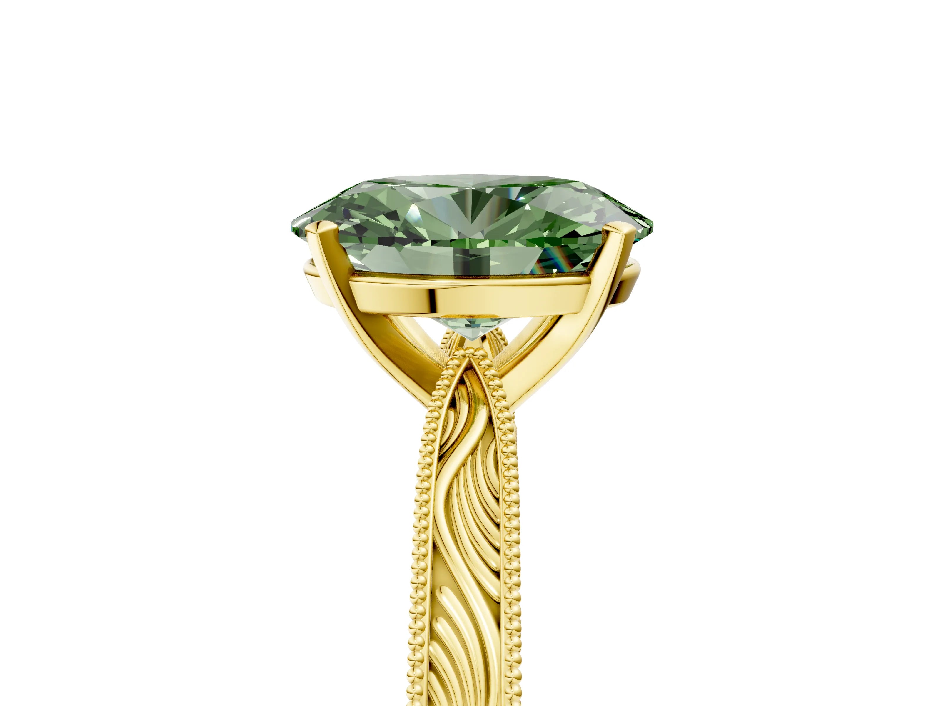 Yellow gold Fancy Green Oval Cut Solitaire Milgrain Engraved Band with Four-Prong Setting_5