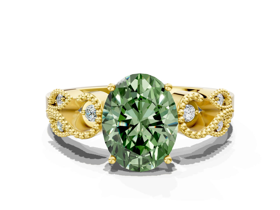 Yellow gold Fancy Green Oval Cut Solitaire Milgrain Leaf Band with Prong Setting