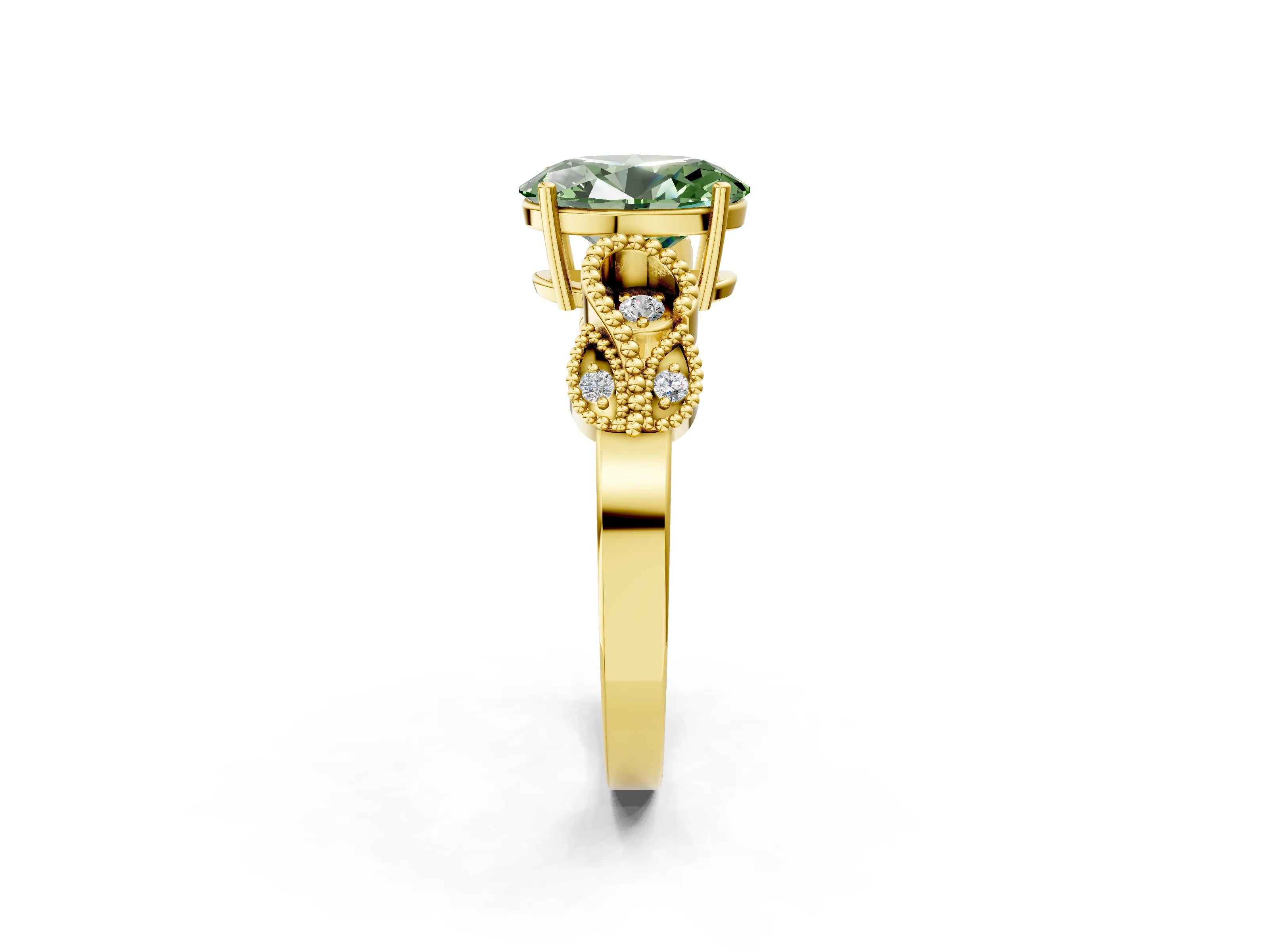 Yellow gold Fancy Green Oval Cut Solitaire Milgrain Leaf Band with Prong Setting_2