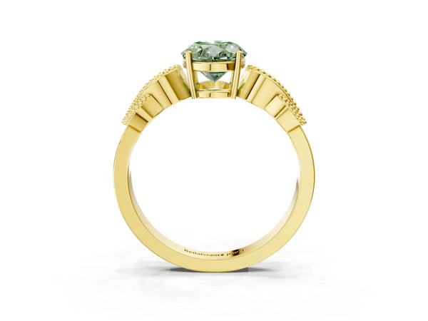 Yellow gold Fancy Green Oval Cut Solitaire Milgrain Leaf Band with Prong Setting