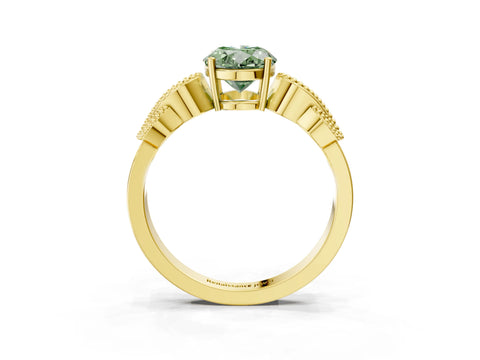 Yellow gold Fancy Green Oval Cut Solitaire Milgrain Leaf Band with Prong Setting_3