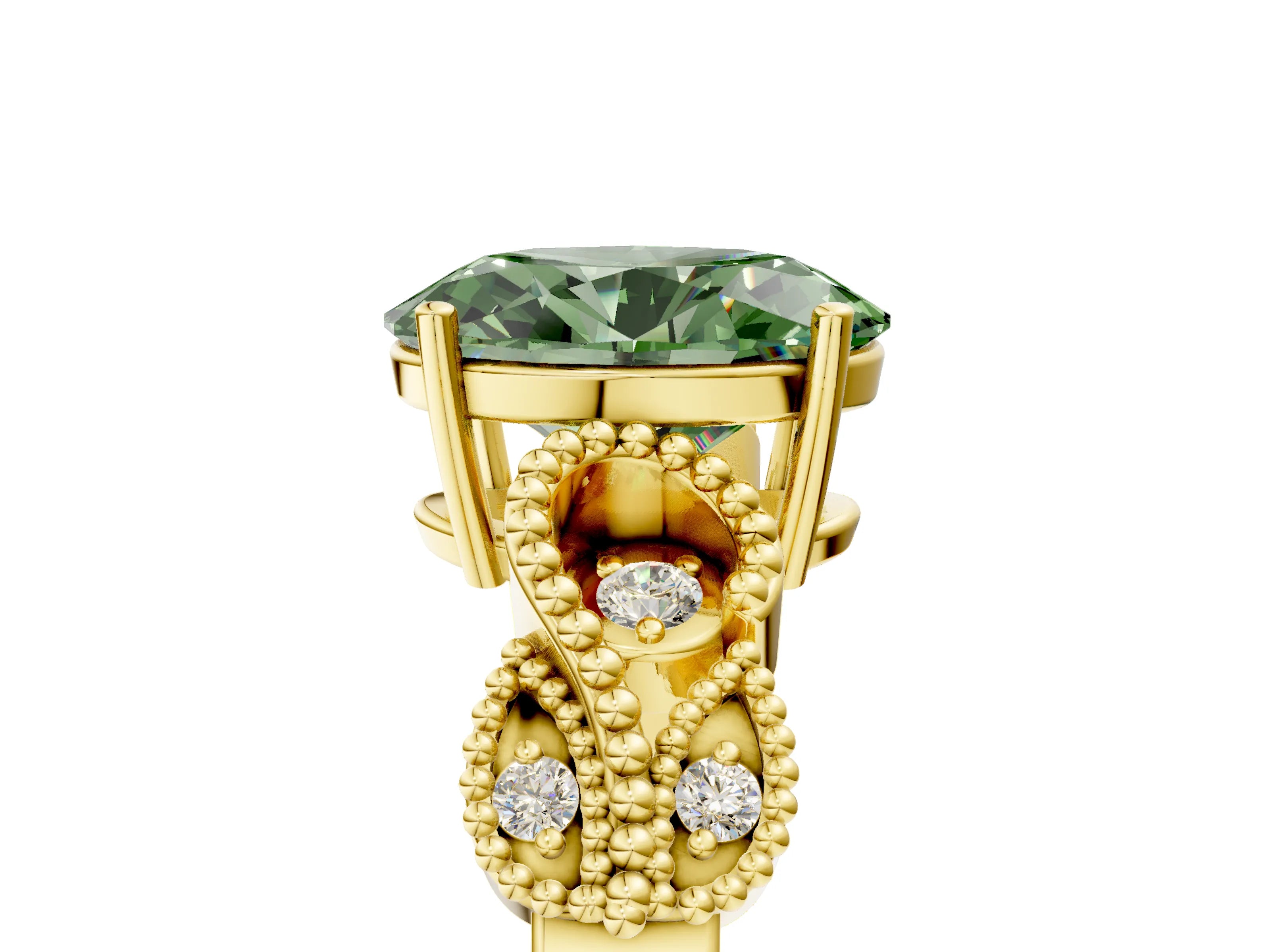 Yellow gold Fancy Green Oval Cut Solitaire Milgrain Leaf Band with Prong Setting_5