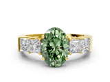 Yellow gold Fancy Green Oval Cut Solitaire Princess Side Stone Engraved Band Prong Setting Ring