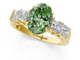 Yellow gold Fancy Green Oval Cut Solitaire Princess Side Stone Engraved Band Prong Setting Ring_1