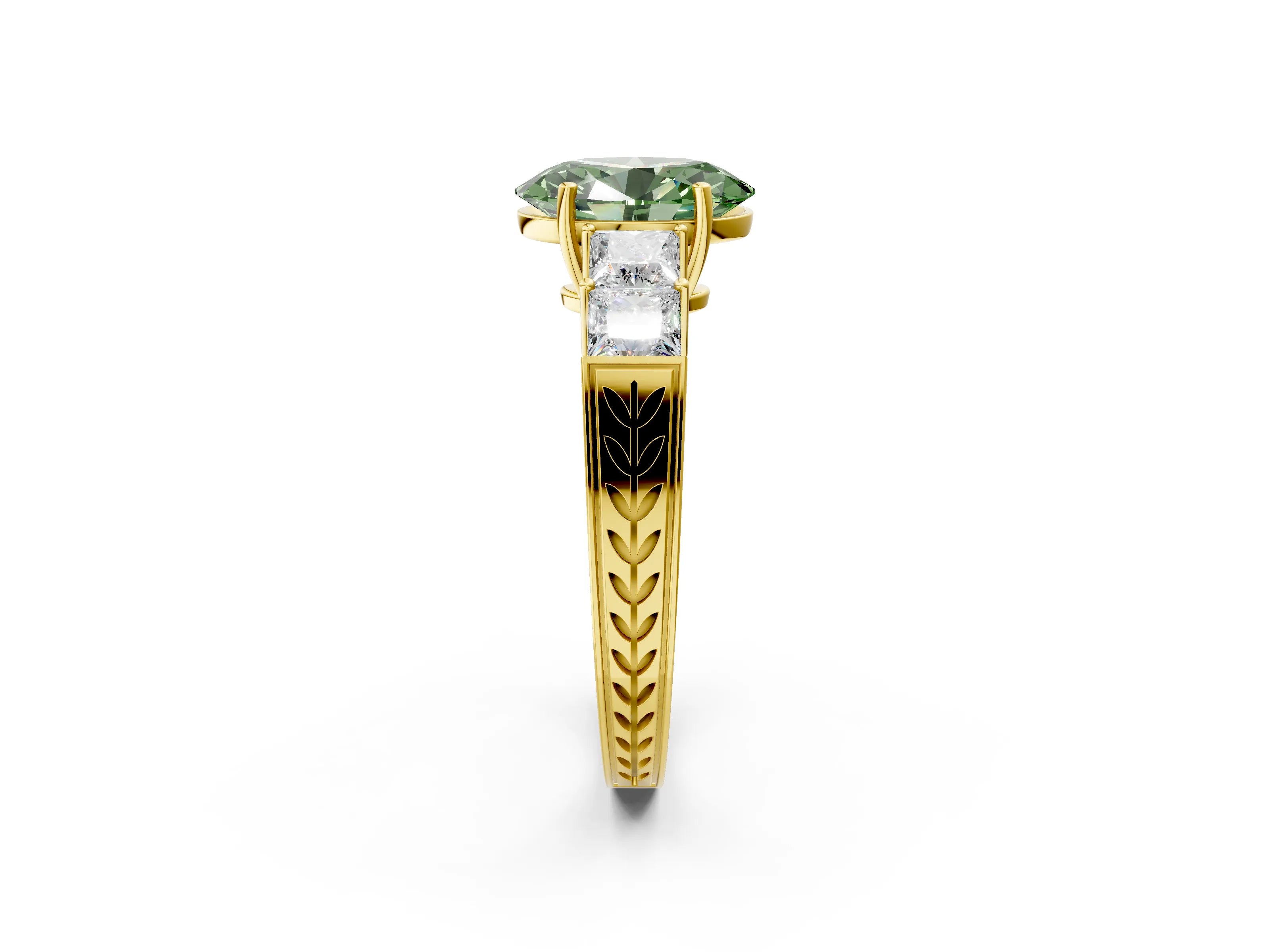 Yellow gold Fancy Green Oval Cut Solitaire Princess Side Stone Engraved Band Prong Setting Ring_2