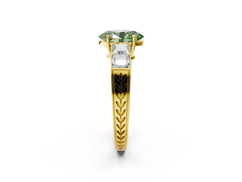 Yellow gold Fancy Green Oval Cut Solitaire Princess Side Stone Engraved Band Prong Setting Ring_2