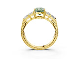 Yellow gold Fancy Green Oval Cut Solitaire Princess Side Stone Engraved Band Prong Setting Ring_3
