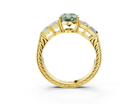 Yellow gold Fancy Green Oval Cut Solitaire Princess Side Stone Engraved Band Prong Setting Ring_3