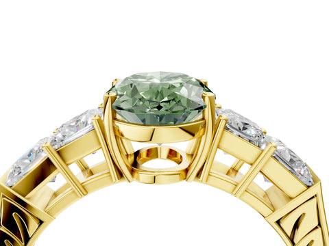 Yellow gold Fancy Green Oval Cut Solitaire Princess Side Stone Engraved Band Prong Setting Ring_4