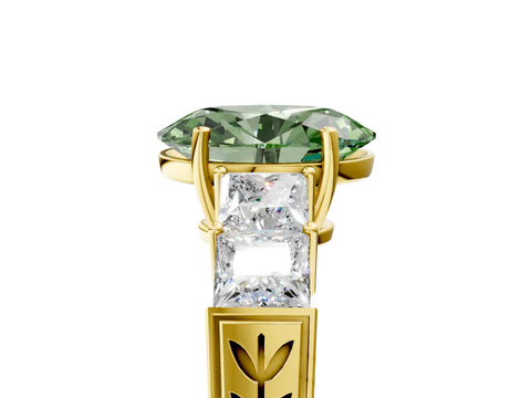 Yellow gold Fancy Green Oval Cut Solitaire Princess Side Stone Engraved Band Prong Setting Ring_5