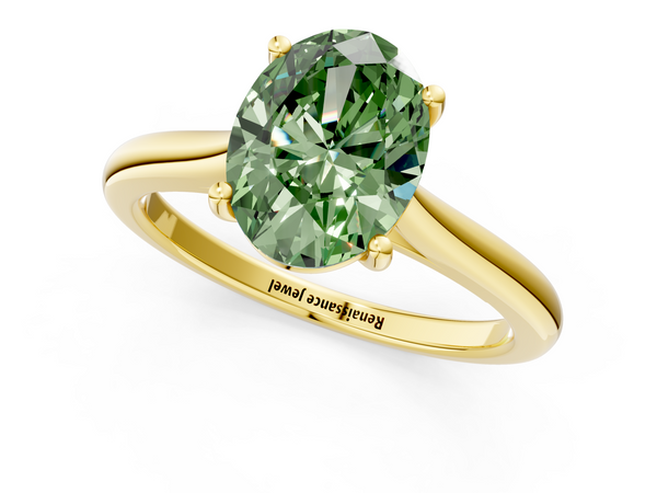 Yellow gold Fancy Green Oval  Cut Solitaire Ring with Cathedral Band and Four-Prong Setting